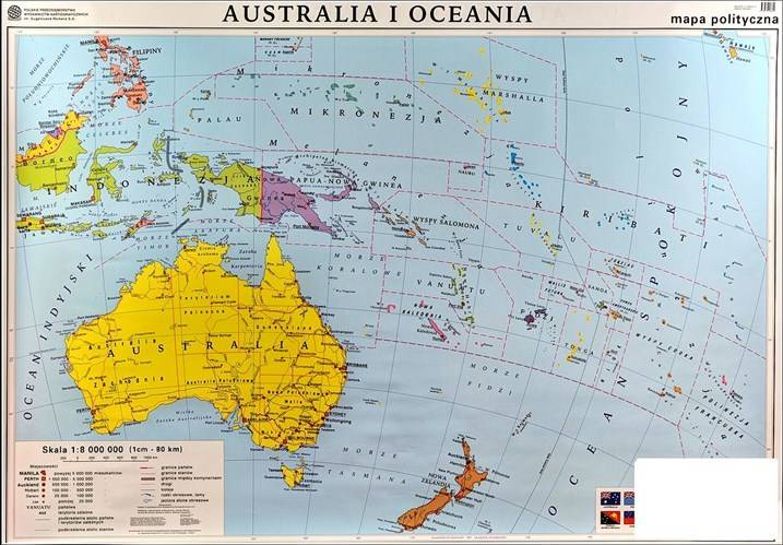 Australia i Oceania: polityczna/konturowa. Mapa ścienna, dwustronna 1:8
