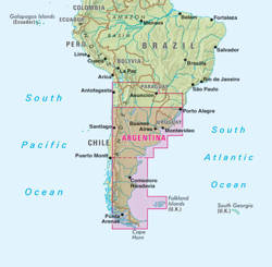 Argentyna Południowa, Patagonia, Urugwaj. Wodoodporna mapa samochodowa 1:2 500 000